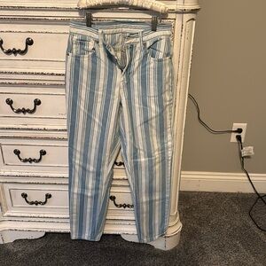 American Eagle high rise mom jeans blue and white striped